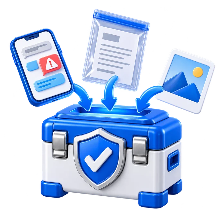 Screenshots, documents and photos go into a secure mailbox
